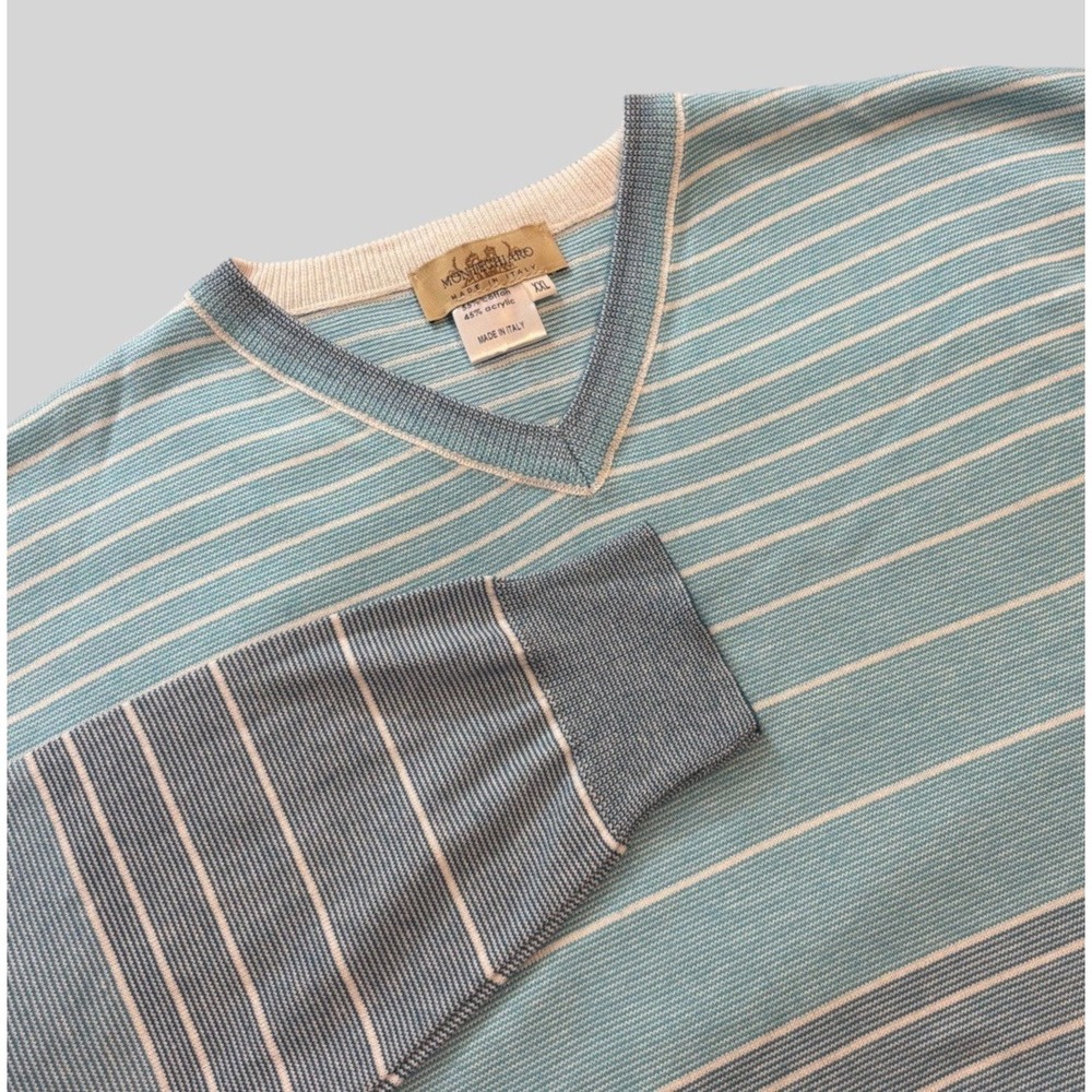 Montechiaro Men's 2XL V-neck Sweater Made In Italy Lightweight Blue Striped